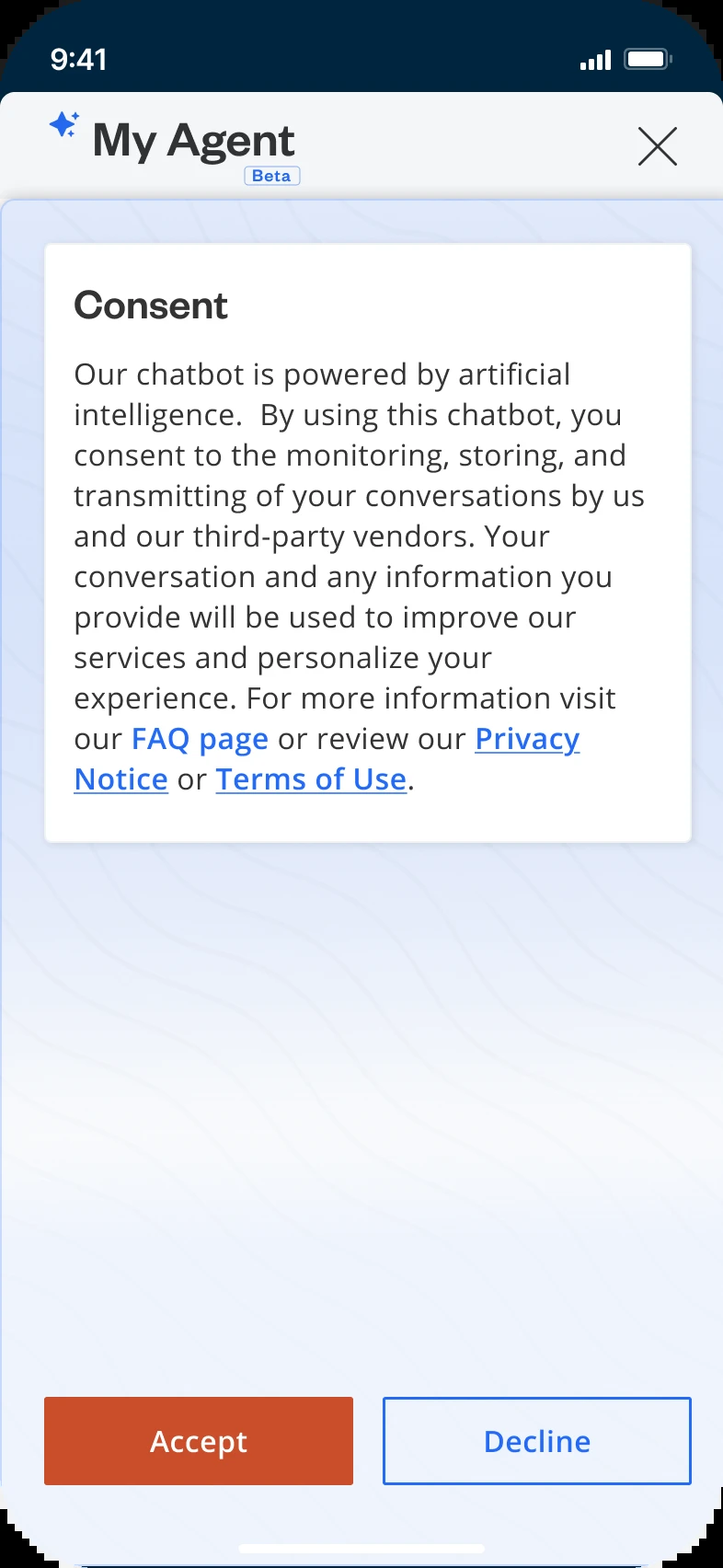 MyAgent consent screen explaining AI monitoring and data use