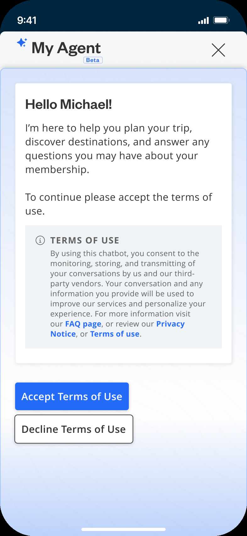 MyAgent conversational terms-of-use acceptance flow